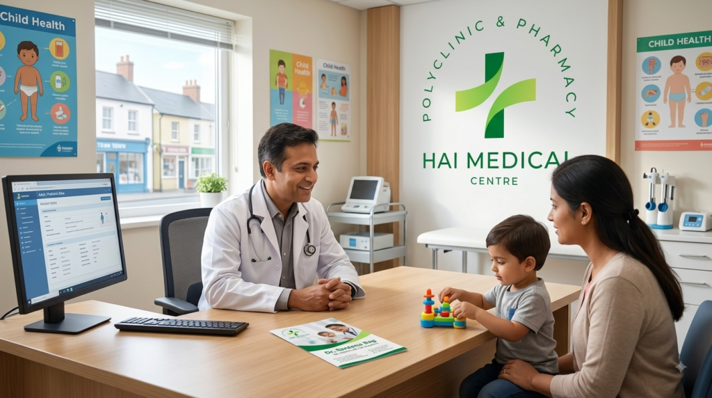 A friendly child doctor in Baruipur examining a young patient during a routine health checkup.